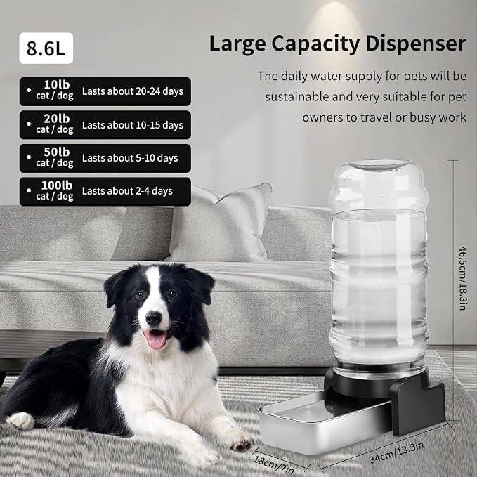Marchul 2.3 Gallon Dog Water Dispenser, Large Dog Water Bowl Dispenser with Stainless Steel, Automatic Gravity Pet Bowl for Dogs Medium to Large (3 Filters) 8.6L - Image 6