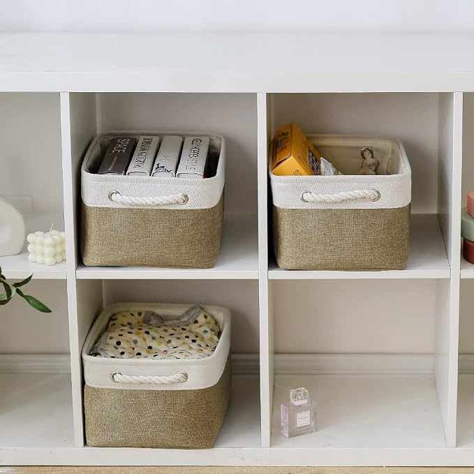 TheWarmHome Storage Basket for Organizing - 14x10x7 inch Medium 3 Pack Collapsible Storage Bin for Shelves with Handles, Canves Storage Box for Organizer Cubes Cloth Gift Toy Closet (White & Khaki) - Image 2