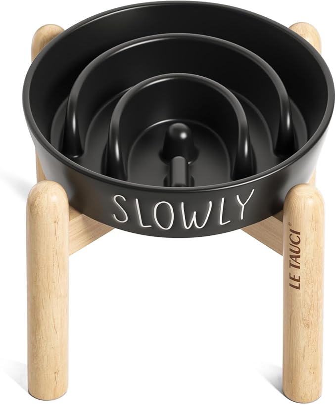 LE TAUCI PET Ceramic Slow Feeder Bowl Elevated - 1.5 Cup with Wood Stand for Small & Medium Breed, Anti-Gulping, Black by LETAUCIPET