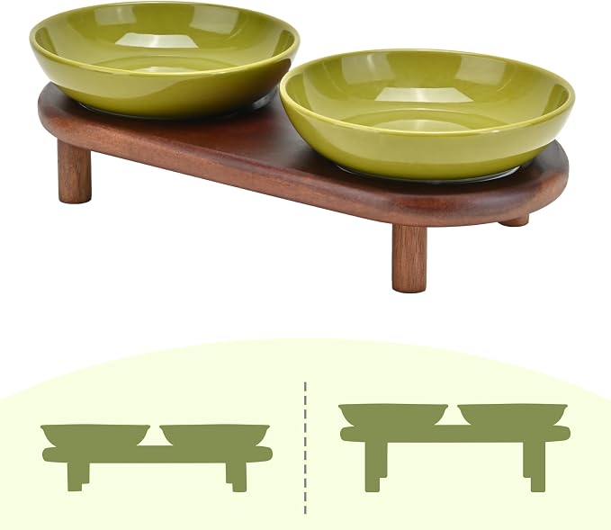 SPUNKYJUNKY Extra Wide Elevated Ceramic Cat Bowl with Acacia Wood Stand Whisker Friendly (Cat Paw Pattern, Green) by SPUNKYJUNKY