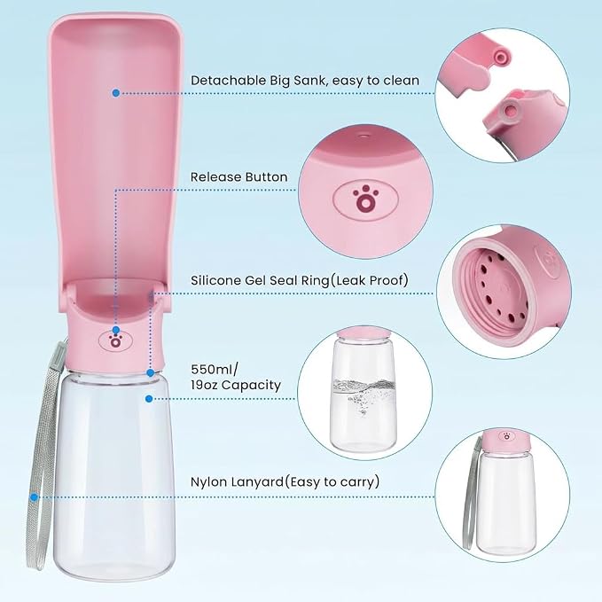 Portable Dog Water Bottle for Walking – 19oz / 12oz Foldable Pet Water Dispenser for Puppies, Medium & Large Dogs – Leak Proof Travel Water Bowl for Small Animals Dog Accessories(12OZ Pink) - Image 2