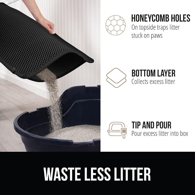 GORILLA GRIP Honeycomb Cat Litter Box Mat, Two Layer Trapping Waste Mats, Soft On Paws, Litter Box Supplies and Essentials for Indoor Cats, Traps Excess, Water Resistant for Floors, 24x15 Black - Image 5
