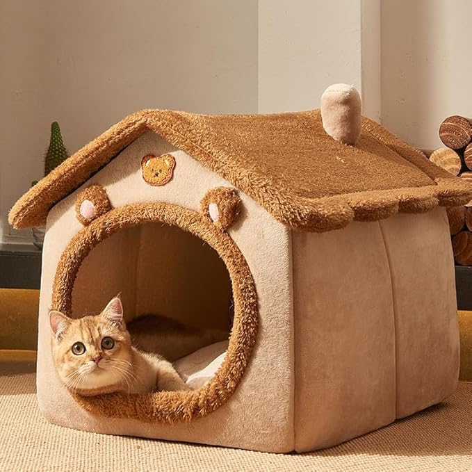 Cat Beds for Indoor Cats, Cute Bear Shape Cat Bed Cave, Brown | Pet House Cats Tent with Removable Cushion Pillow for Kittens Puppy Small Dogs - Image 4