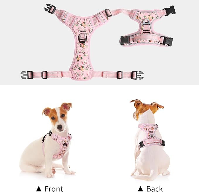 Timos Small Dog Harness, No Pull No Choke, Easy On & Off, Flower Pink, XS | Adjustable Reflective Soft Padded, Neck Quick Release with 3 Buckles, Front & Back 2 Clips and Handle for Walking Training - Image 7