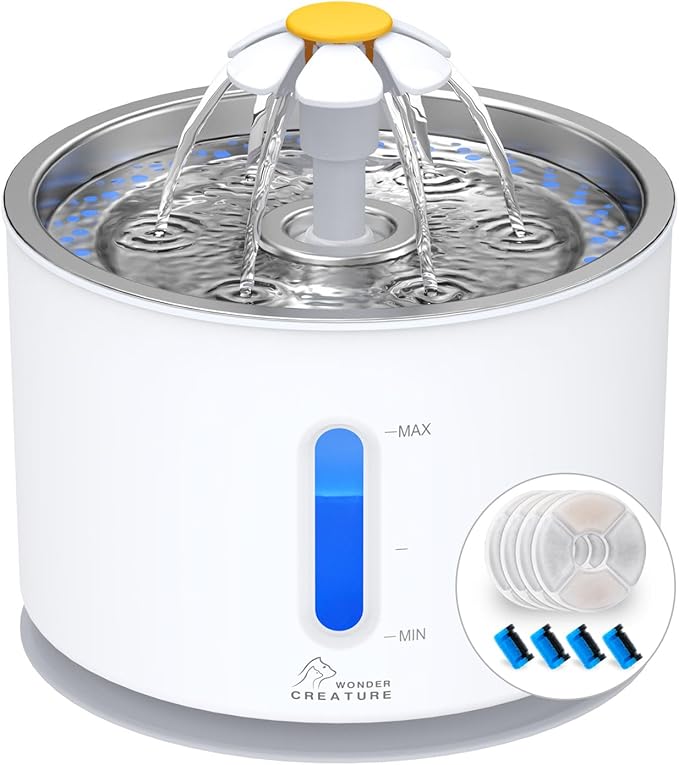 Wonder Creature Cat Water Fountain Stainless Steel Lid with 4 Filters, 81oz | 2.4L Pet Fountain with 4 Filters, 4 Sponges, Quiet Pump, Water Level Window, Stainless Steel Lid for Cats and Dogs by WonderCreature