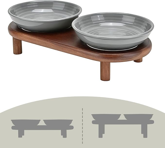 SPUNKYJUNKY Shallow Elevated Cat Bowl with Acacia Wood Stand Wide Raised Ceramic Cat Dishes Whisker Friendly Pet Food and Water Plates (Striped Pattern, Gray) by SPUNKYJUNKY