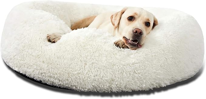 HACHIKITTY Calming Donut Cuddler Dog Bed, Round Fluffy Pet Bed for Large Dogs,Washable, Large, White, 30'' by HACHIKITTY