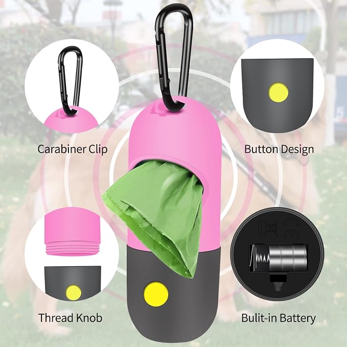 2 Pack Dog Poop Bag Dispenser with Built-in LED Flashlight, Pet Waste Bag Holder for Leash with Carabiner Clip for Lead Leash, 2 Rolls Leak-proof Doggy Waste Bags for Dog Walking, Pink, Eliamo - Image 3