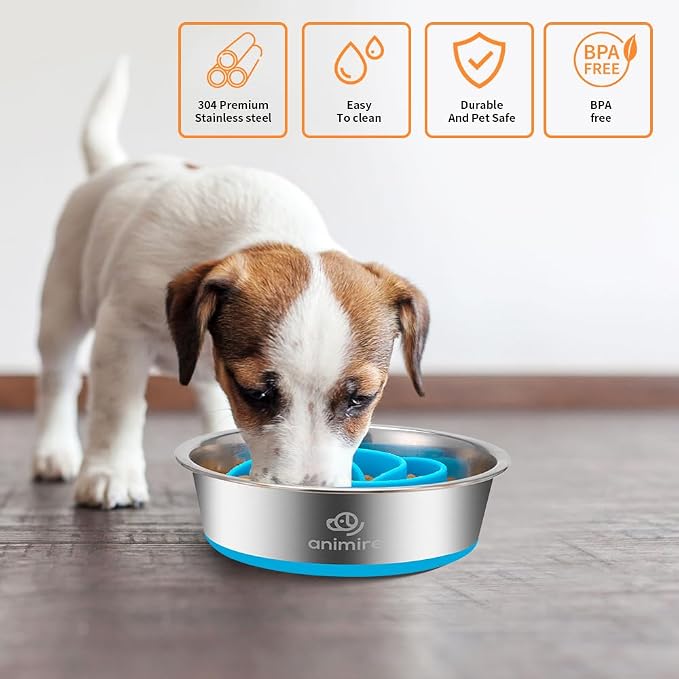 2-in-1 Metal Dog Bowl with Slow Feeder Insert, Stainless Steel Dog Bowls Food Grade 304, Water Food Bowl with Anti-Slip Silicone Base for Small, Medium, Large Dogs - Image 4