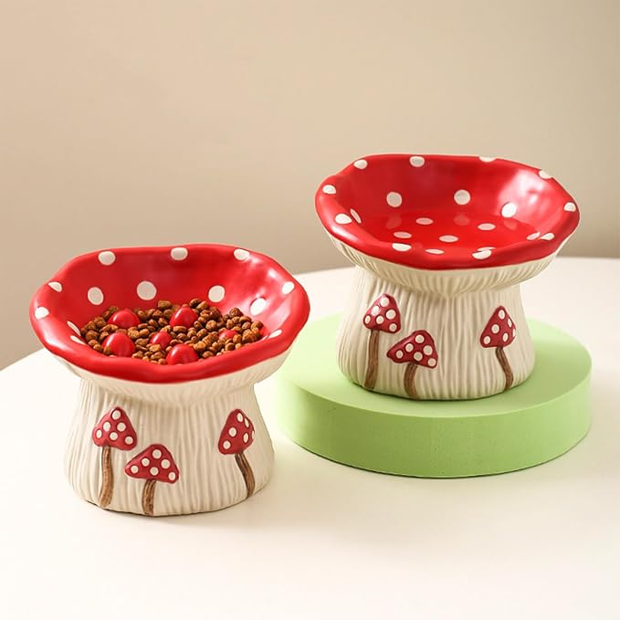 Ceramic Cat Bowl, Cute Red Mushroom Elevated Cat Food Dish, Shallow Raised Feeder, Anti Vomiting, Stress Free, Whisker Fatigue - Image 9