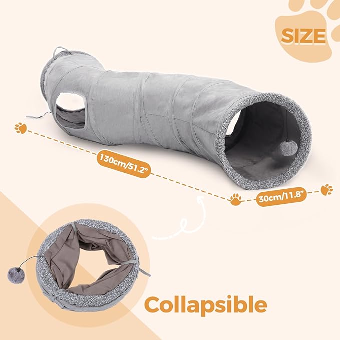 PAWZ Road Cat Tunnel S Shape Cat Tunnels for Large & Indoor Cats 51”Long | Durable, Spacious 10.5" Cat Tube with Peepholes & Dangling Ball Toy, Connected to Play Tunnels, Collapsible for easy storage - Image 2