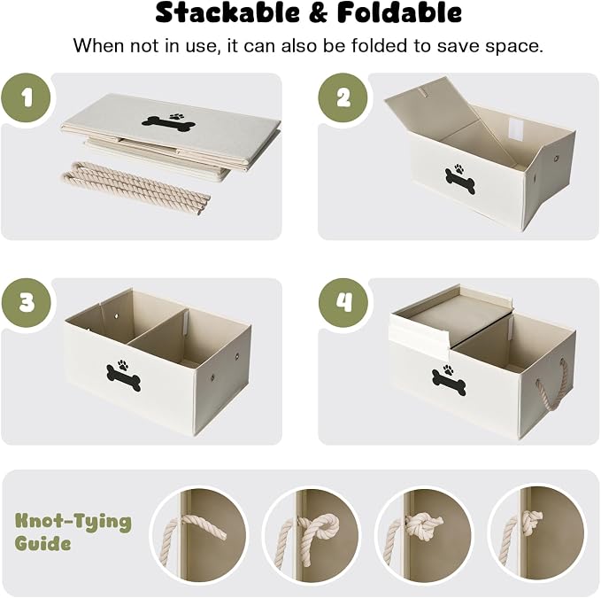 Dog Toy Basket with Double-Open Lid, Divided Dogs Basket for Toys, Collapsible Pet Toy Box, Dog Storage Organizer with 2 Divided Area, Puppy Toys Baskets with Rope Handles, Beige - Image 7