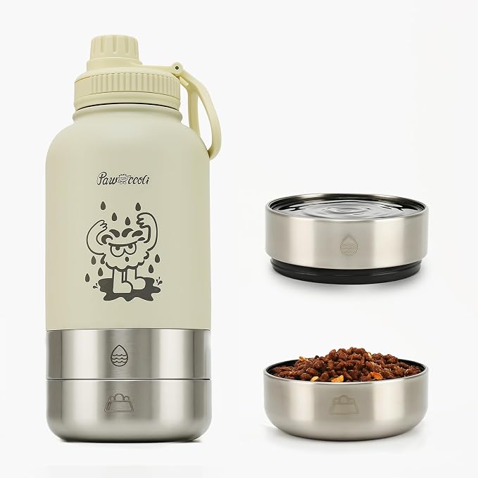34oz Dog Water Bottle, Stainless Steel Dog Water Bottle Dispenser with Detachable Food & Water Bowls, Keeps Water Hot/Cold, for Walking, Hiking, Camping(Cream) by Pawccoli