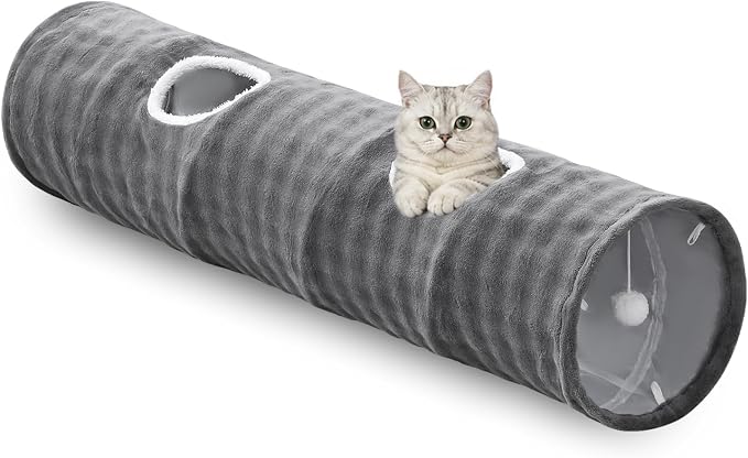 Straight Bubble Cat Tunnel for Indoor Cats 47"x12", Grey | Cute Cat Toys, Collapsible Tunnel Tube with Hanging Balls for Puppy Kitten Rabbit by Yaning