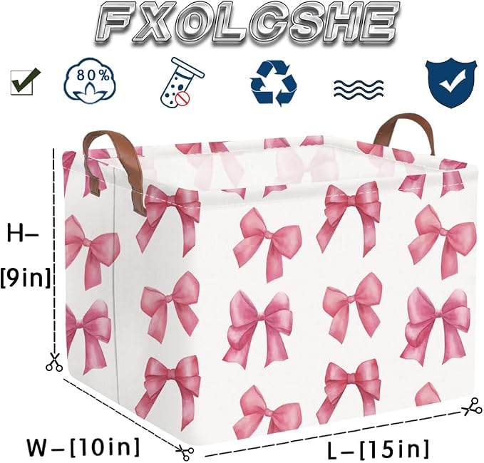 Rectangular Pink Girls basket,Delicate pink bow girls nursery laundry basket,Pink Laundry Hamper,kids waterproof collapsible canvas basket,Toy bins,Girls Room decor(Bowknots) - Image 7