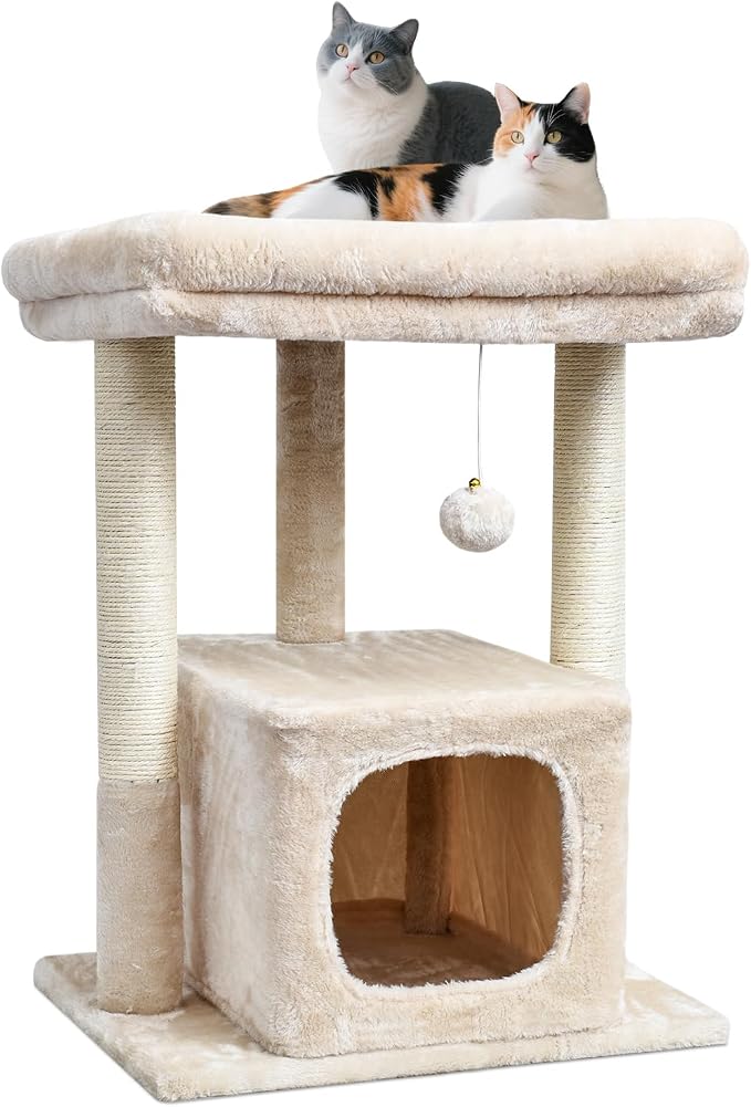 SYANDLVY 27" Cat Tree for Indoor Cats, Activity Tower with Scratching Posts | Modern Kitten Condo with Plush Perch & Hanging Ball for Play, Beige by SYANDLVY