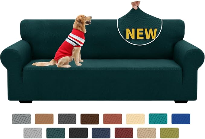 XINEAGE Stretch Jacquard Sofa Cover, Non Slip Sofa Slipcover for Dog | High-Stretch Fabric. Wear-Resistant, Pet Friendly. Easy Install & Washable for Living Rooms, Offices.Blackish Green by XINEAGE