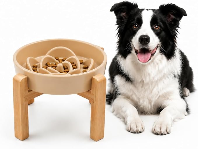 Elevated Ceramic Slow Feeder Dog Bowls Anti-Choking Slow Feeding for Medium& Large Anti-Slip Non-Lead & Toxic Durable Easy to Clean Maze Slow Feeder Bowl（8.66in Khaki Flower Pattern） by addggo