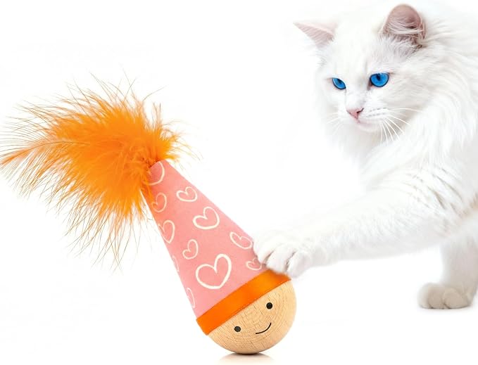 Lulu's world Solid Wood Wobbler Cat Toy with Catnip for Cats,Feather Style | Cat Punching Bag,360° irregular motion, noiseless physical drive, hardwood construction, rounded finish,interactive toys by LuLu%E2%80%98sWorld