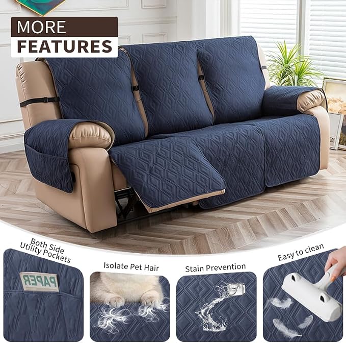 Genina Waterproof Couch Cover for Reclining Couch 3 Seater Non-Slip, Washable Recliner Sofa Covers for 3 Cushion Couch, Furniture Covers Couch Protector for Dogs Pets Kids (Navy, Recliner Sofa) - Image 4