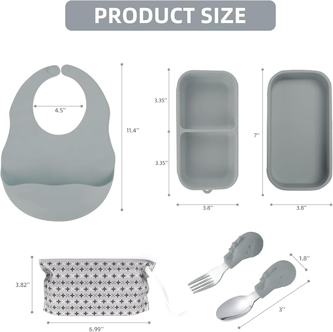 Travel Silicone Baby Feeding Set with 316 Stainless Steel Spoon & Fork ,Silicone Suction Plates, Foldable Bib, Storage Bag - Portable Infant Toddler Utensils, 6-Piece BPA-Free Dishware Kit（gray） - Image 5