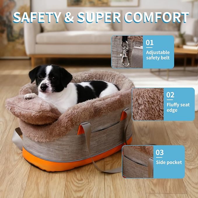 Pet Car Center Console Elevated Armrest Car Seat for Small Puppy, Dogs & Cats (Up to 10 lbs) – Dark Gray Washable Plush Carrier with Safety Leash, Fits Front Vehicle Console Space (Khaki) - Image 7