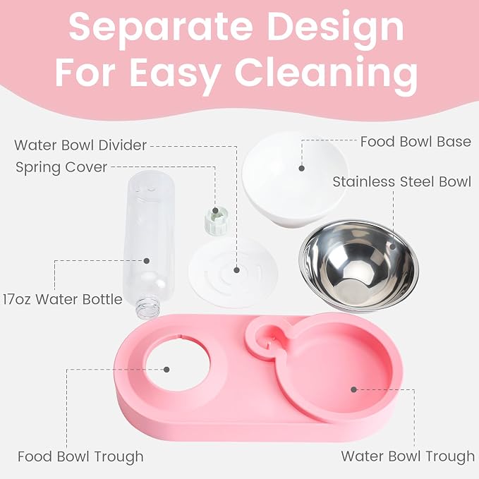 Double Elevated Dog Cat Food Water Bowls, Stainless Steel Cat Food Water Bowl with No-Spill Mat, Raised Tilted Dishes for Indoor Kitten, Puppies, Small or Medium Size Dogs Cats, Pink - Image 3