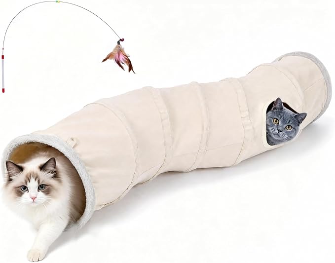 Ownpets S-Shape Cat Tunnel Toy 48"L x 12"D, for Cats, Puppies & Small Pets | Collapsible for storage, tear-resistant oxford fabric, connects to other tunnel, with peek hole, feather wand, indoor/outdoor - Image 2