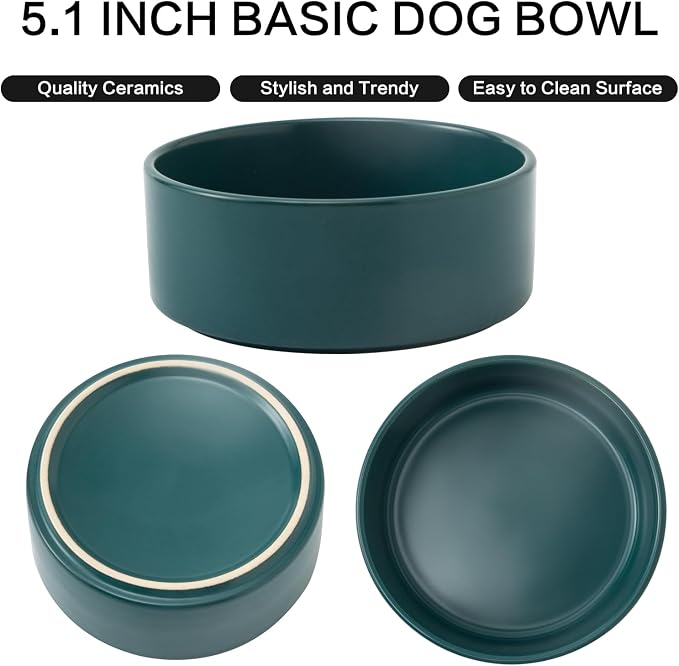 Ceramic Set of 2 Dog and Cat Bowls - Classic Food & Water Bowl for Kitty, Cats and Toy Breed Dogs, Weighted Dog Dishes, Food Grade Pet Bowl, Dishwasher & Microwave Safe (5.1'', 2*16OZ, Green) - Image 2