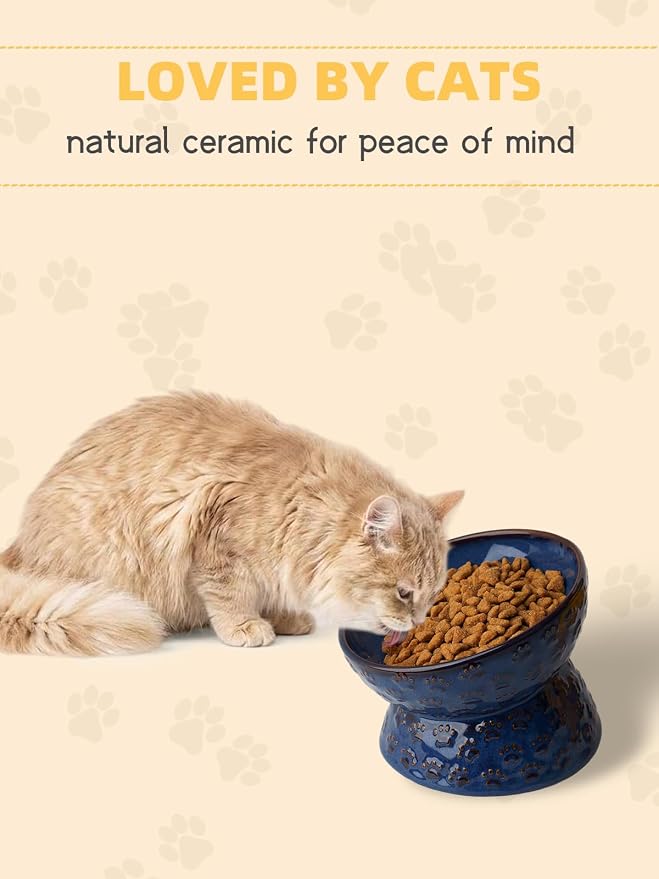 Ceramic Tilted Elevated Small Cat Bowl, for Fat Faced Cat, Kitten, Blue | 15° Tilted Elevated Design,5oz Small Meal Capacity,Chin-Friendly Ceramic,Paw Print - Image 5