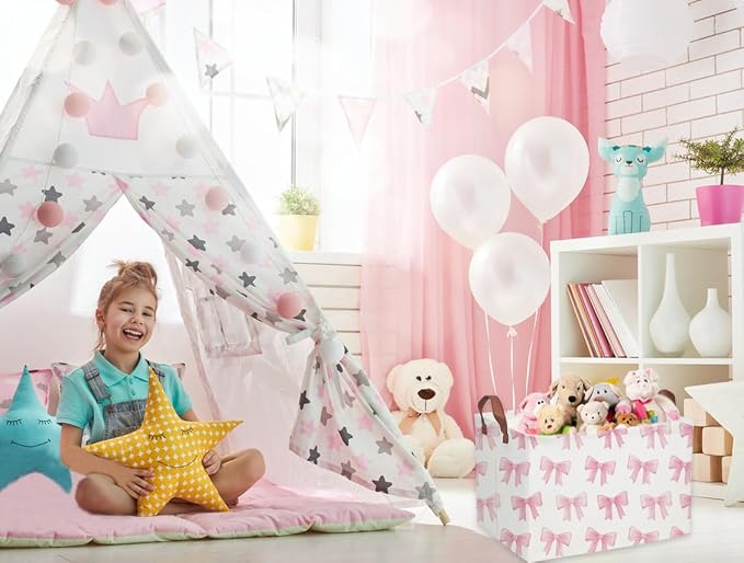 Sanjiaofeng Rectangular Kids Basket Pink Storage Bins,Girls Storage Baskets with Handles.Clothers,Toys,Books,Kid's Gifts Storage. (Pink Bowknot) - Image 3