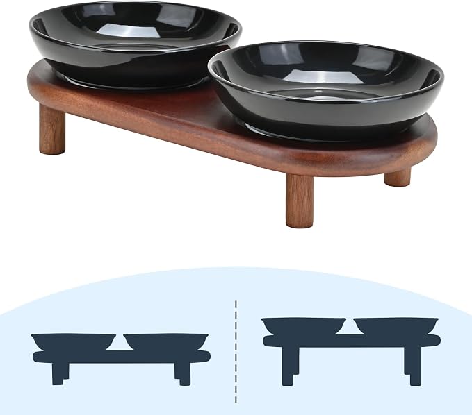 SPUNKYJUNKY Extra Wide Elevated Ceramic Cat Bowl with Acacia Wood Stand Whisker Friendly (Cat Paw Pattern, Black) by SPUNKYJUNKY