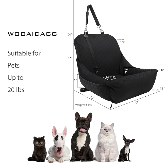 Wooaidagg Dog Car Seat for Small Dogs Up to 25 lbs,Covered Ultra-Soft Fabric and Fill in Memory Foam,Fully Detachable and Washable,2 Clip-On Safety Leashes and Storage Pockets(Black) - Image 2