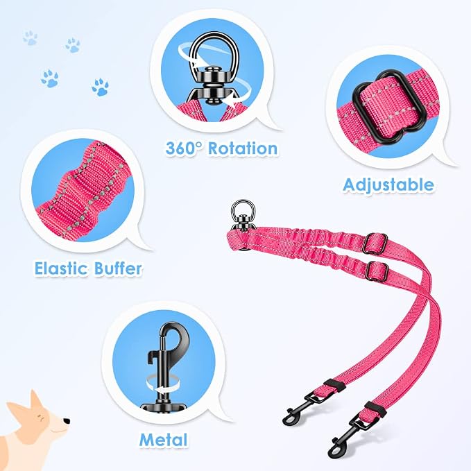 AUTOWT Double Dog Leash, No Tangle 360°Swivel Rotation Reflective Lead Attachment Adjustable Length Dual Two Dogs Lead Splitter, Comfortable Shock Absorbing Walking Training for 2 Dogs - Image 4