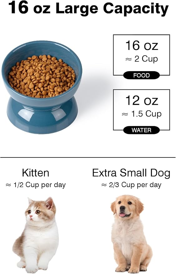 ABRUTY Cat Water Bowl, 16 OZ Ceramic Elevated Cat Bowls, 15° Tilted and Raised Pet Food Dish, Anti Vomiting Protect Pets' Spines and Whisker Fatigue, Set of 2, Blue - Image 3