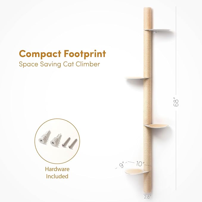 68" Tall Wall-Mounted Cat Tree – Modern Space-Saving Cat Shelf with Sisal Scratching Post & Steel Climbing Steps – Stylish Cat Wall Furniture for Small Spaces - Image 7