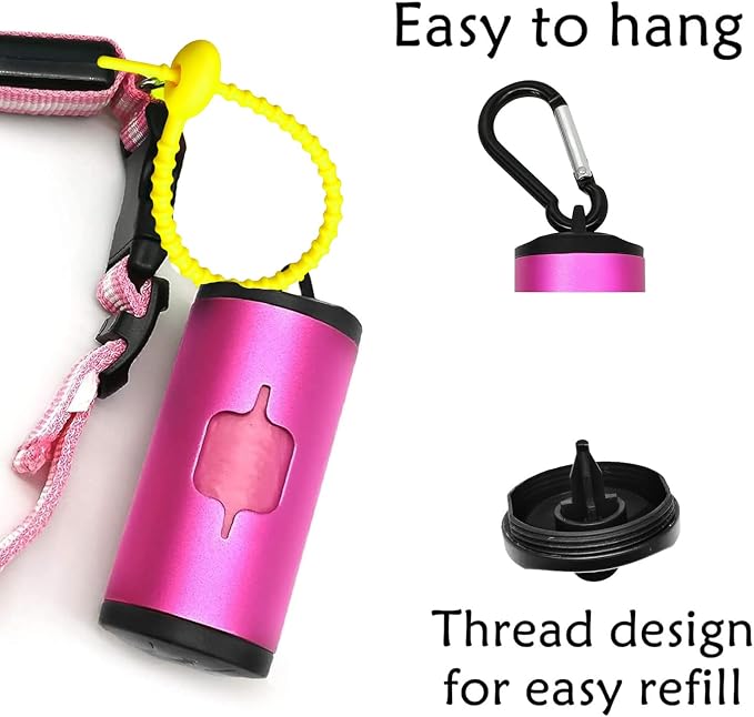 YUCHIYA Aluminum Dog Poop Bags Holder with Carabiner Metal Pet Waste Bags Dispenser with Hook and Loop Fastener and Elastic Cord to Carry Used Bags (Pink, 1 Holder 15 Bags) - Image 3