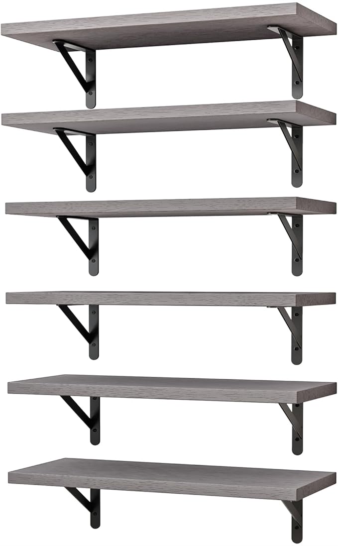 YGEOMER 16.5in Floating Shelves for Wall Home Decor, Wood, Grey, Set of 6 | Rustic wood shelves with metal brackets. Space-saving for books & decor. Works in bathroom, kitchen, living room & bedroom. by YGEOMER
