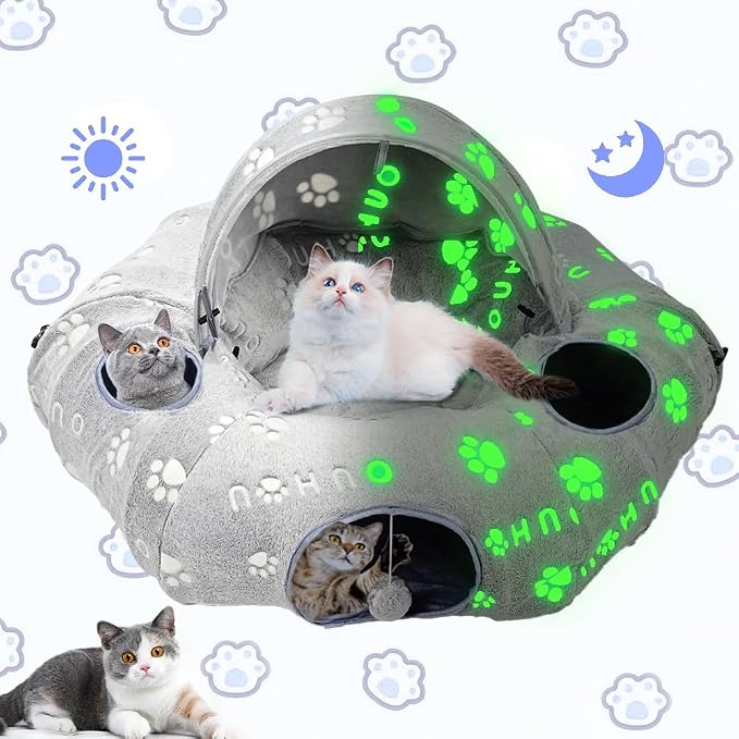 Cat Tunnel Bed, Cat Tunnels for Indoor Cats, Cat Donut Tunnel Toy with Washable Circle Cushion, Straight Shaped Tunnel, 4 Fluffy Balls, Blackout Tent, Self-Luminous Cat Toys（Grey） - Image 9