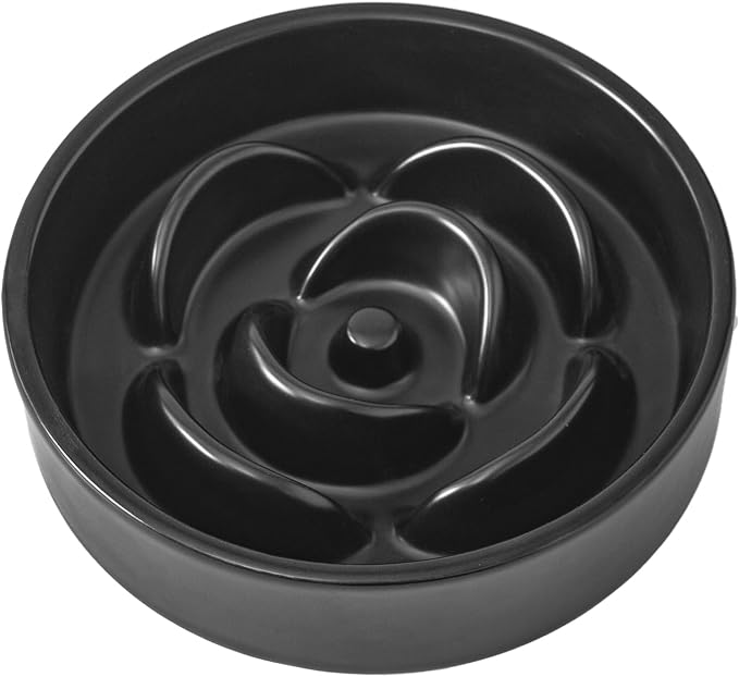 6'' Ceramic Slow Feeder Dog Bowls - Petal Shape Modern Dog Food Dish for Cats and Small Breed Dogs, Puzzle Maze Bowl to Slow Down Eating, Anti-Gulping, Dishwasher & Microwave Safe, Black by Welloyed