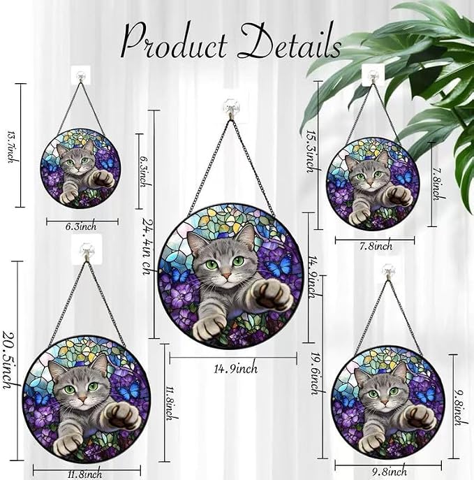 Stained Glass Window Hanging Cat Suncatcher with Butterfly Design, Round Window Hanging Decor, Colorful Sun Catcher for Home, Garden & Gifts for Cat Lovers - Image 2
