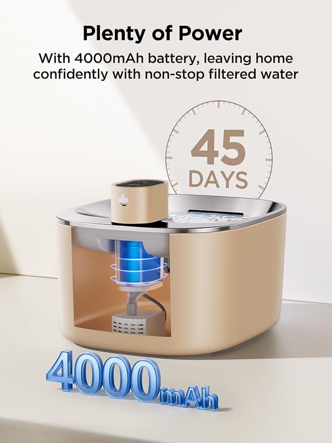 FEELNEEDY Cat Water Fountain Battery Operated, 4L/135 fl oz Pet Water Fountain for Cats and Dog with Motion Sensor, Ultra Quiet Cat Drinking Fountain with 2 Filters (Beige YPD-C004P) - Image 3