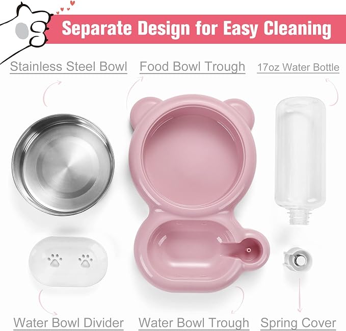 Dog Bowls, Cat Food and Water Bowl Set with Water Dispenser and Stainless Steel Bowl for Cats and Small Dogs - Pink - Image 3