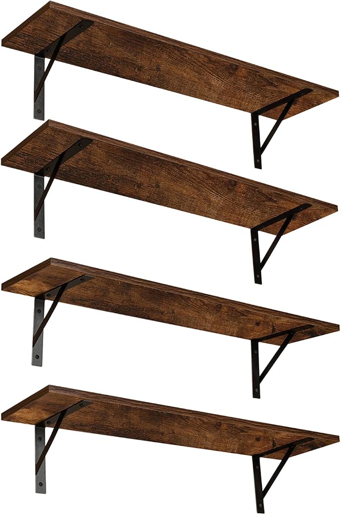 Long Wall Shelves, 39.4Inch Wooden Wall Mounted Shelves, Set of 4 | Floating Book Shelf with Metal Brackets, Easy Assembly, Max Load 33lbs, Wall Storage Ledges, Bathroom/Bedroom, Rustic Brown by DINZILVJ