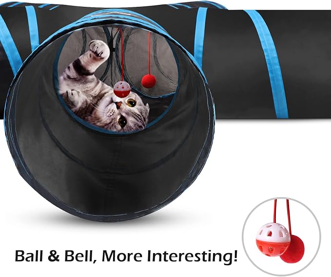 Pawaboo Cat Tunnel Tube 5 Way Tunnels, Blue, 25x53cm | Extensible Collapsible, Play Tent Interactive Toy Maze, Cats House with Balls and Bells - Image 4