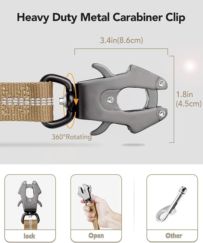 Joytale Tactical Bungee Dog Leash, Shock Absorbing No Pull, Coyote Brown | for Large Dogs That Pull, 2 Padded Handles for Control, Car Seatbelt Clip, Reflective for Night Safety, Metal Frog Clip - Image 2