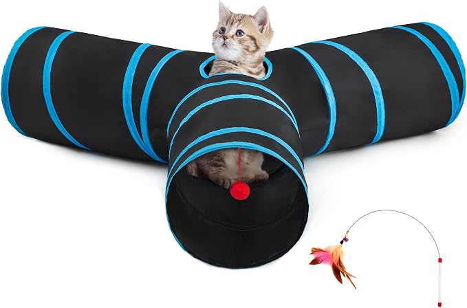 Tempcore Cat Tunnel for Indoor Cats, 3 Way Collapsible Pet Play Tunnel with Teaser Wand, Peek Holes & Hanging Ball, Interactive Tube for Kittens & Rabbits, Black & Blue Large Size by Tempcore