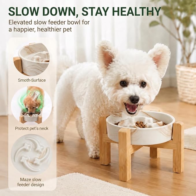 Elevated Ceramic Slow Feeder Dog Bowls Anti-Choking Slow Feeding for Small&Medium Size Anti-Slip Non-Lead & Toxic Durable Easy to Clean Maze Slow Feeder Bowl（8.26in Marble Brown Stars Pattern） - Image 2