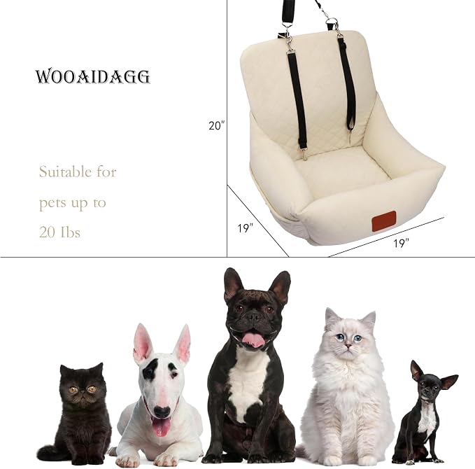 WOOAIDAGG Dog Car Seat for Small Dogs,Ultra-Soft Fabric,2 Storage Pockets & Safety Leash,Adjustable Straps,Easy to Install,Fully Detachable and Washable(Beige) - Image 2