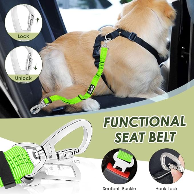 Lukovee Dog Car Harness Seat Belt, Harness & Seatbelt with 2 in 1 Buckle | Adjustable Soft Breathable Mesh Harness, Reflective Elastic Reflective Tether, for Small Medium Large Dogs Pets (Green, S) - Image 3